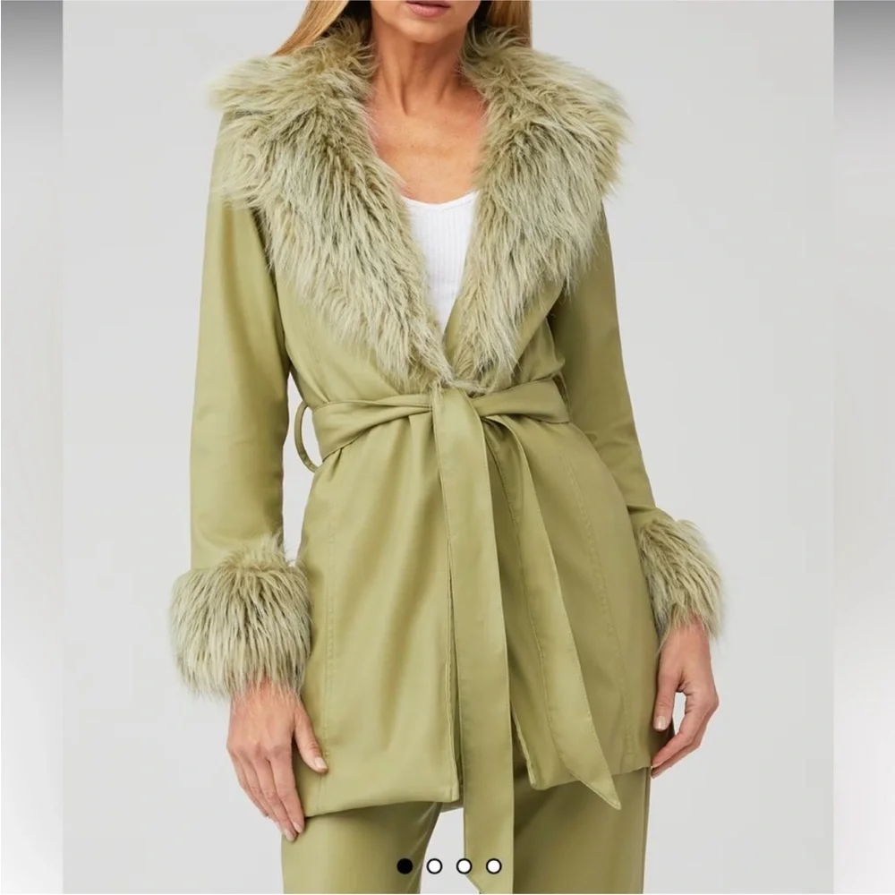 Show Me Your MuMu Penny Lane Olive Green Faux Fur-Trim Tie-Waist Coat - Picture 1 of 8